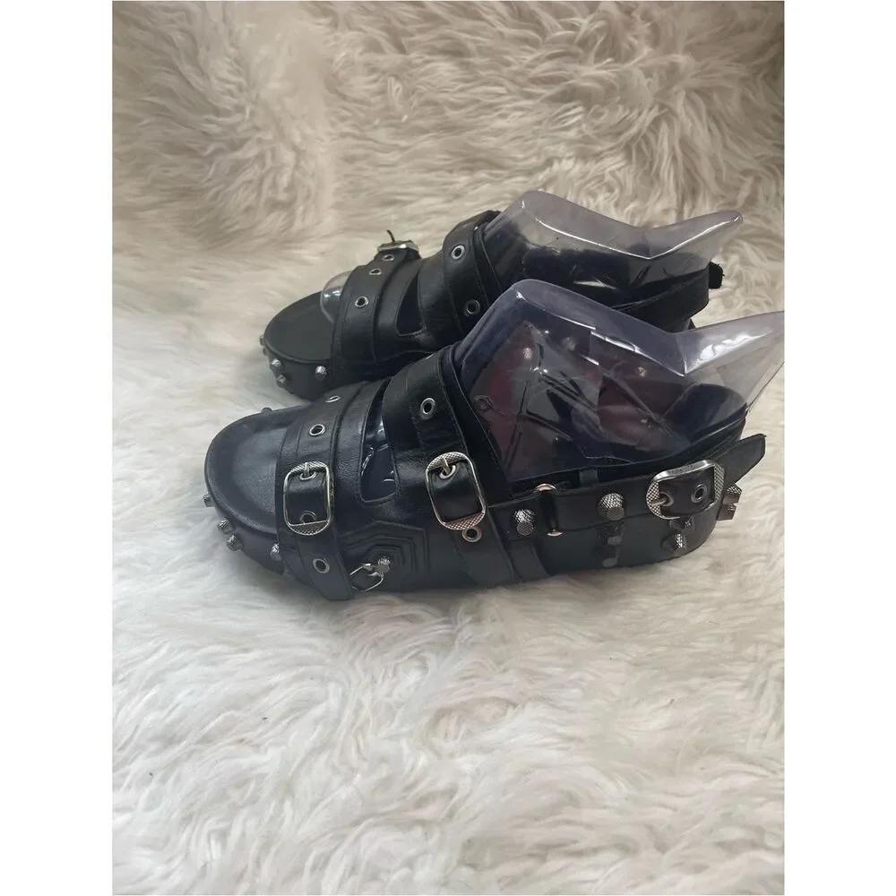 Vesta synthetic Black Studded Buckle Platform Sandals.Goth style SZ11.5